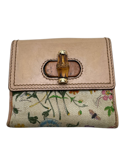 Gucci Cream, Pink, Green Leather & Canvas Bamboo Accent Flora & Fauna Wallets Cream, Pink, Green
