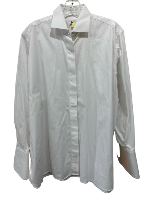 Hideoki Size Est M White Cotton Solid Button Up Men's Long Sleeve Shirt White / Est M