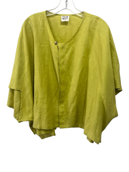 Planet Size One Size Chartreuse Yellow Linen Short Sleeve Button Front Top Chartreuse Yellow / One Size