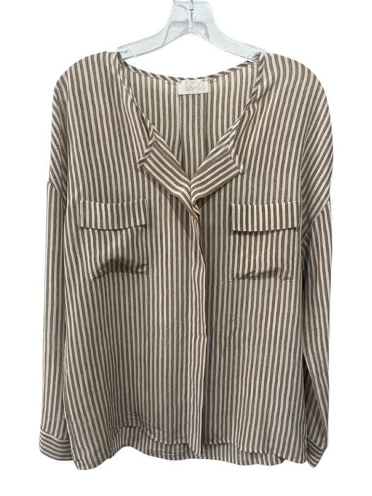 Shirt Size 3 Brown & White Silk Long Sleeve Striped Button Front Collar Top Brown & White / 3