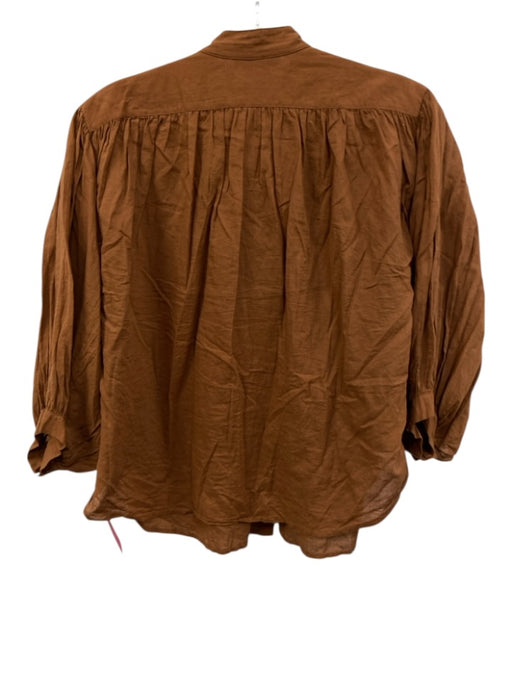 Rebecca Taylor Size XS Brown Cotton Short Puff Sleeve Pleated Buttons Blouse Top Brown / XS