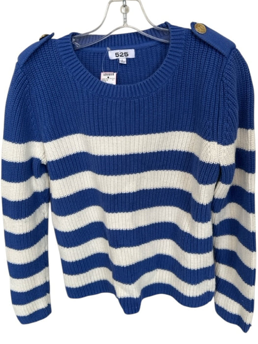 525 Size L Blue & White Cotton Long Sleeve Knit Striped Shoulder Buttons Sweater Blue & White / L