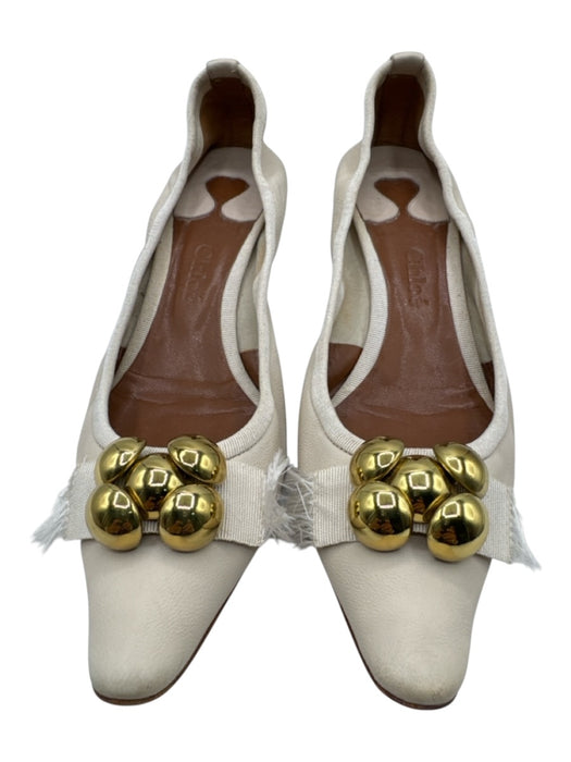 Chloe Shoe Size 40 Ivory Leather Gold hardware Pointed Toe Kitten Heel Flats Ivory / 40