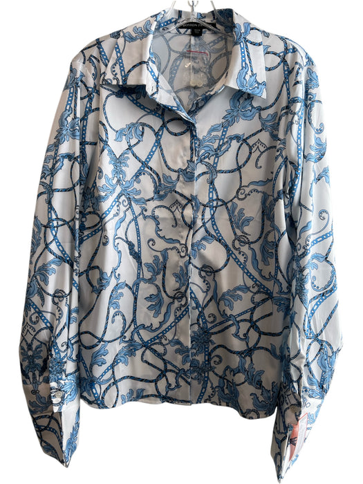 Boston Proper Size 12 Blue & White Polyester Long Sleeve Collared Top Blue & White / 12