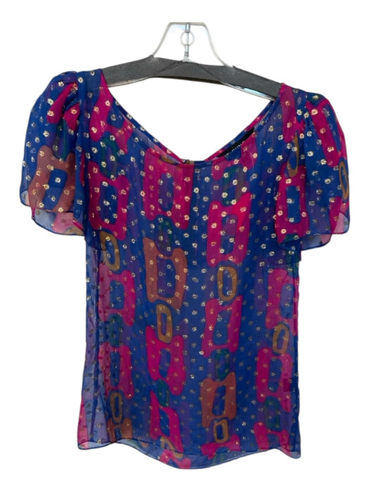 Suno Size XS Navy & Pink Silk Short Sleeve Metallic Swiss Dot Top Navy & Pink / XS