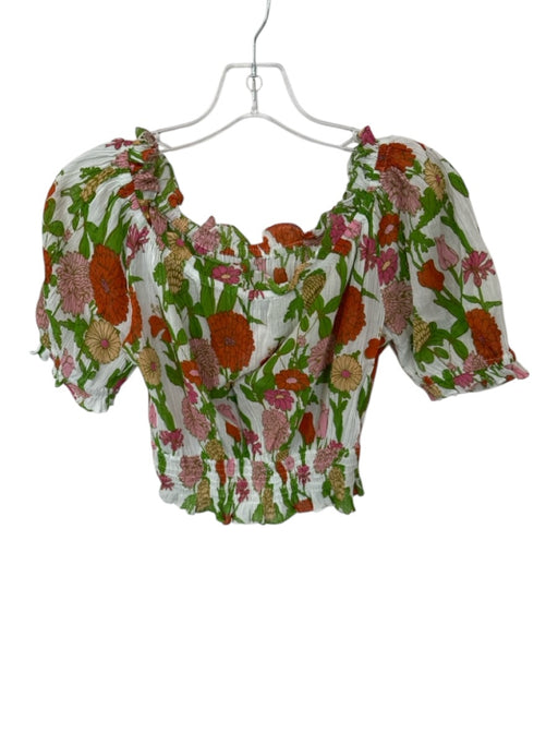Olivia James Size XS Green & Pink Cotton Floral Off the Shoulder Puff Sleeve Top Green & Pink / XS