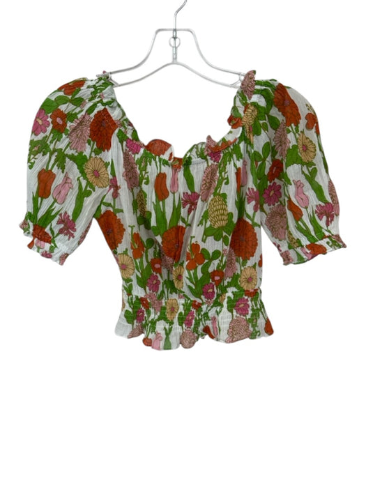 Olivia James Size XS Green & Pink Cotton Floral Off the Shoulder Puff Sleeve Top Green & Pink / XS
