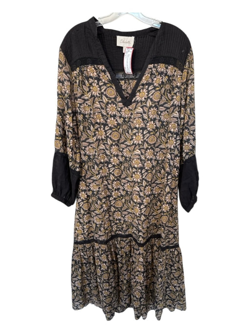 Cleobella Size S Black & Taupe Cotton Long Sleeve Flowers Lace Detail Dress Black & Taupe / S