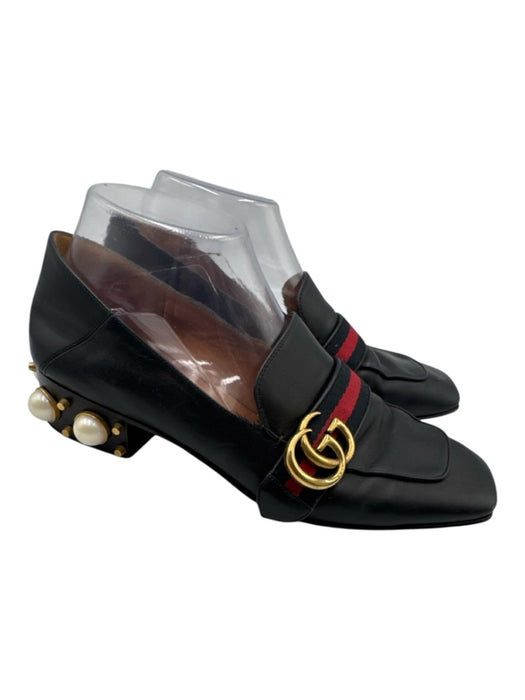 Gucci Shoe Size 39.5 Black Leather Pearl Embellishment Loafer Square Toe Shoes Black / 39.5