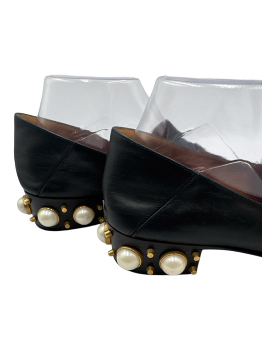 Gucci Shoe Size 39.5 Black Leather Pearl Embellishment Loafer Square Toe Shoes Black / 39.5