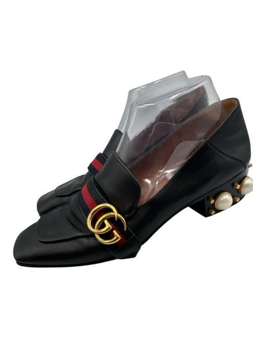 Gucci Shoe Size 39.5 Black Leather Pearl Embellishment Loafer Square Toe Shoes Black / 39.5