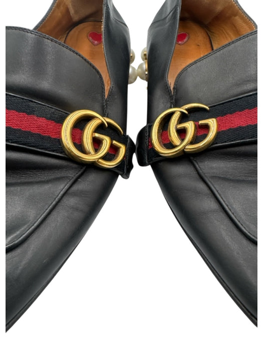 Gucci Shoe Size 39.5 Black Leather Pearl Embellishment Loafer Square Toe Shoes Black / 39.5