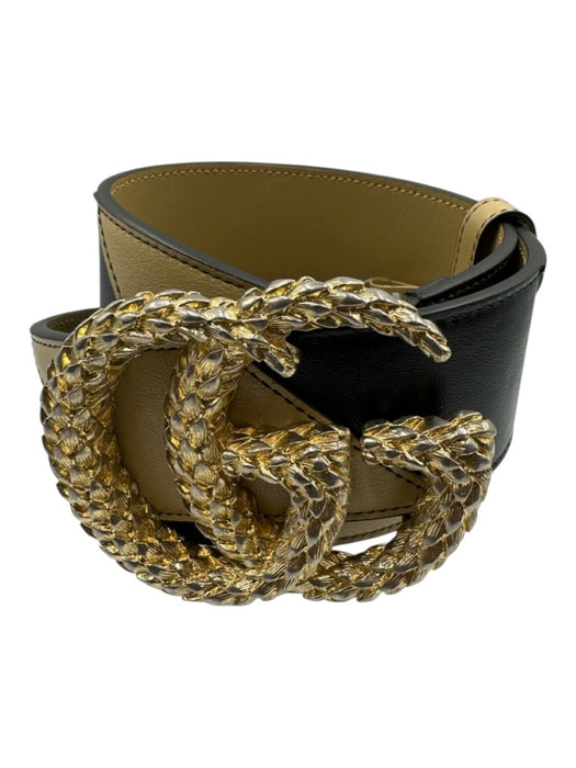 Gucci Gold, Black & Tan Leather GG Buckle Color Block Wide Belts Gold, Black & Tan / M
