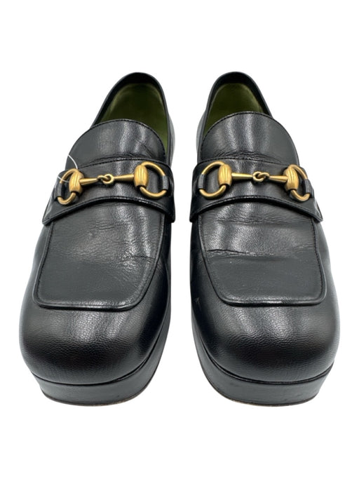 Gucci Shoe Size 40 Black & Gold Leather Square Toe Platform Horse Bit Flats Black & Gold / 40