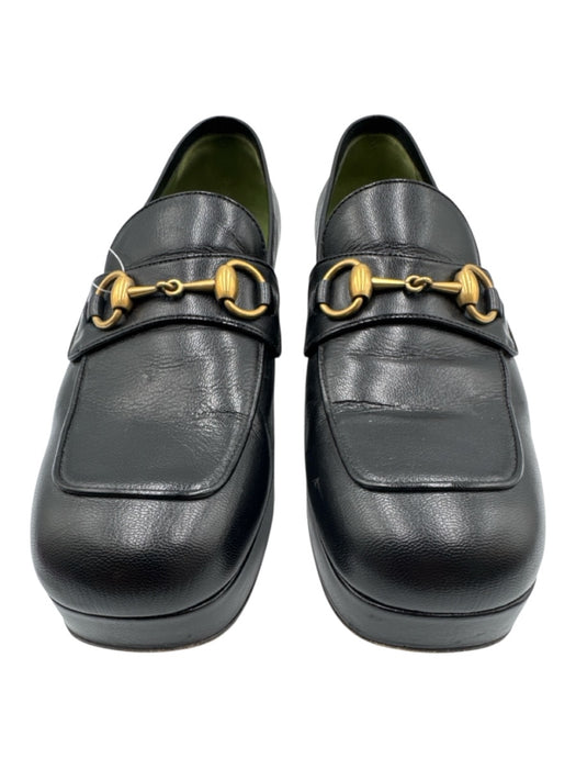 Gucci Shoe Size 40 Black & Gold Leather Square Toe Platform Horse Bit Flats Black & Gold / 40
