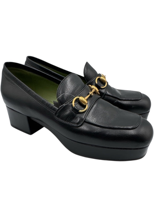 Gucci Shoe Size 40 Black & Gold Leather Square Toe Platform Horse Bit Flats Black & Gold / 40