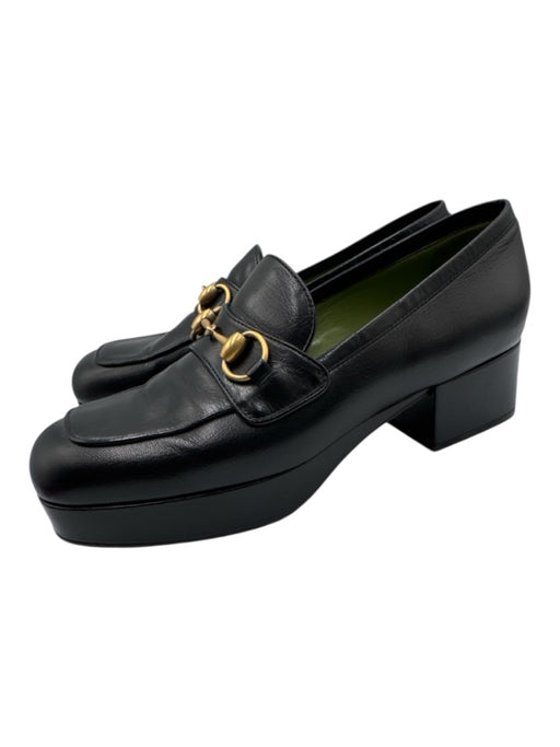 Gucci Shoe Size 40 Black & Gold Leather Square Toe Platform Horse Bit Flats Black & Gold / 40