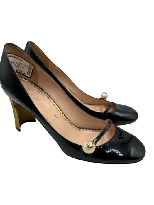 Gucci Shoe Size 39.5 Black, White & Gold Patent Leather Round Square Toe Pumps Black, White & Gold / 39.5