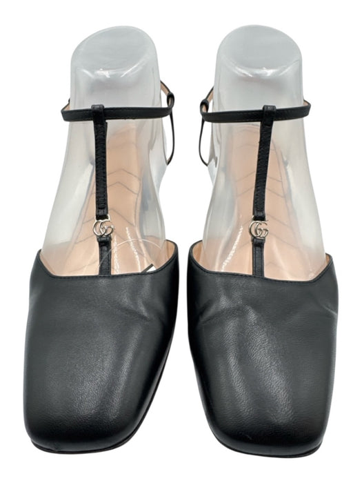 Gucci Shoe Size 40 Black & Silver Leather Silver Logo T Strap Block Heel Pumps Black & Silver / 40