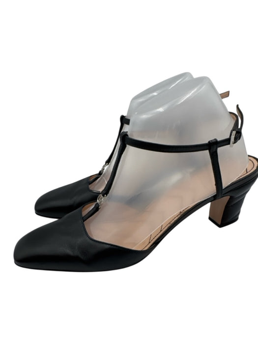 Gucci Shoe Size 40 Black & Silver Leather Silver Logo T Strap Block Heel Pumps Black & Silver / 40