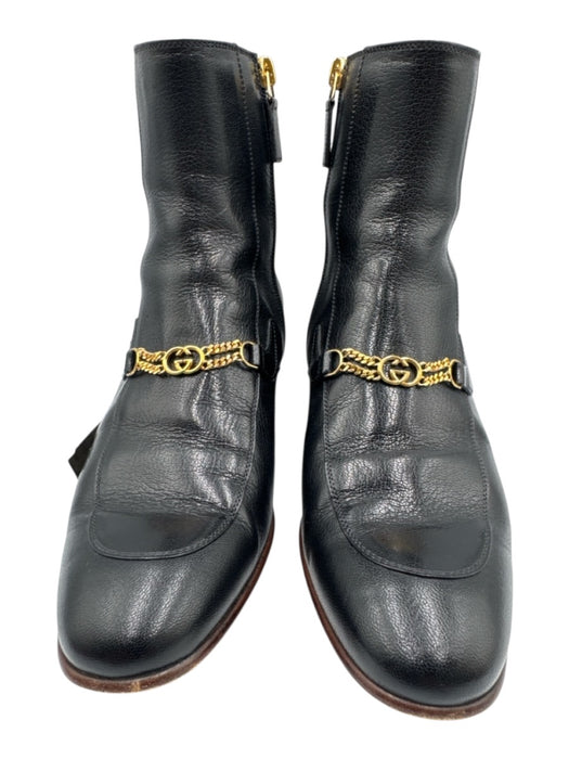 Gucci Shoe Size 39.5 Black & Gold Leather Chain Interior Zip Ankle Booties Black & Gold / 39.5