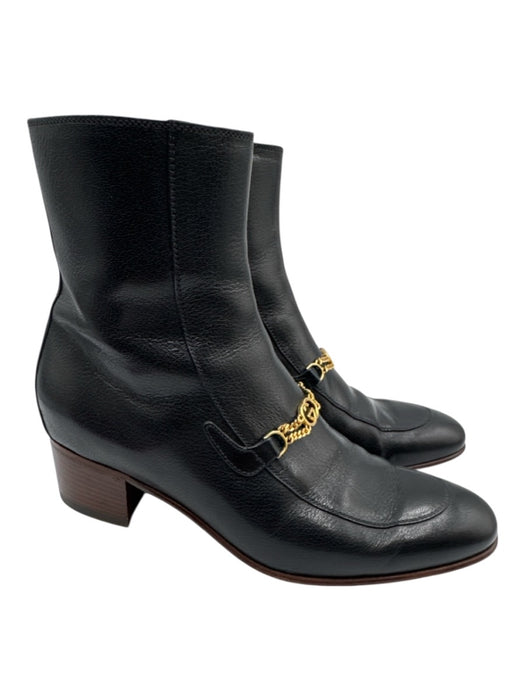 Gucci Shoe Size 39.5 Black & Gold Leather Chain Interior Zip Ankle Booties Black & Gold / 39.5