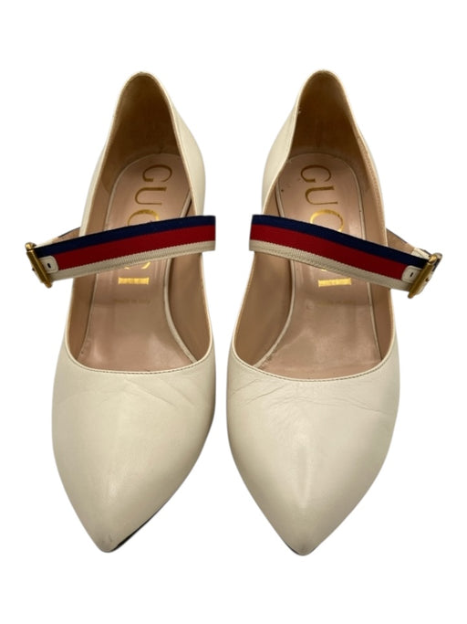 Gucci Shoe Size 39.5 Cream, Red & Blue Leather Pointed Toe Grosgrain Pumps Cream, Red & Blue / 39.5