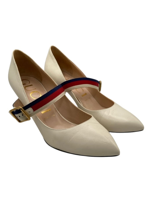 Gucci Shoe Size 39.5 Cream, Red & Blue Leather Pointed Toe Grosgrain Pumps Cream, Red & Blue / 39.5
