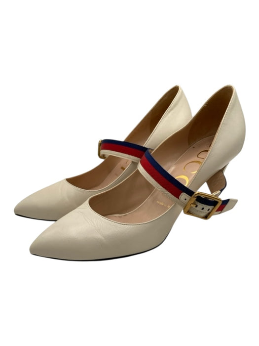 Gucci Shoe Size 39.5 Cream, Red & Blue Leather Pointed Toe Grosgrain Pumps Cream, Red & Blue / 39.5