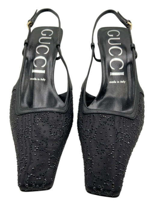 Gucci Shoe Size 40 Black Leather Square Toe Crystal Logo Embellished Heel Pumps Black / 40