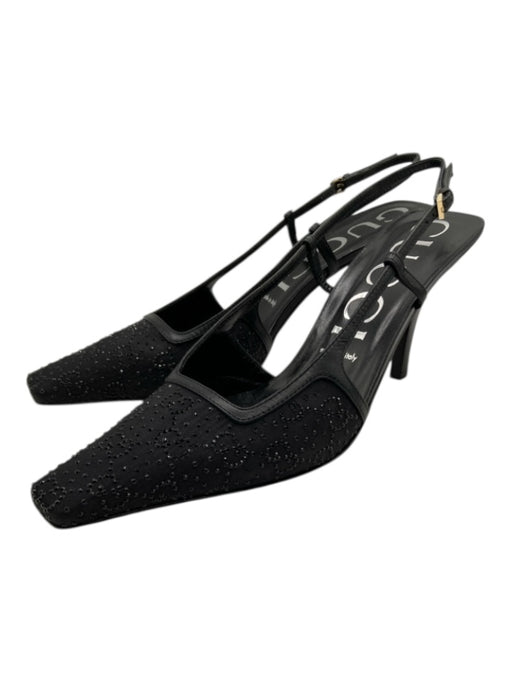 Gucci Shoe Size 40 Black Leather Square Toe Crystal Logo Embellished Heel Pumps Black / 40