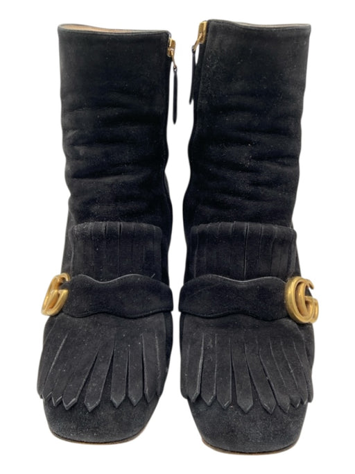 Gucci Shoe Size 39.5 Black & Gold Suede Square Toe Logo Fringe Detail Booties Black & Gold / 39.5