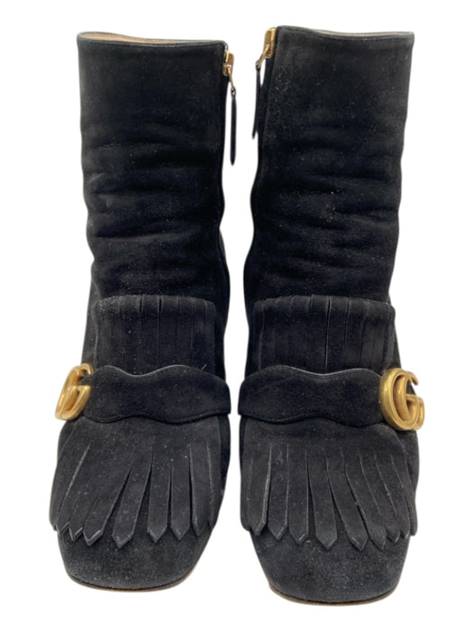 Gucci Shoe Size 39.5 Black & Gold Suede Square Toe Logo Fringe Detail Booties Black & Gold / 39.5