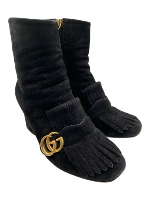 Gucci Shoe Size 39.5 Black & Gold Suede Square Toe Logo Fringe Detail Booties Black & Gold / 39.5