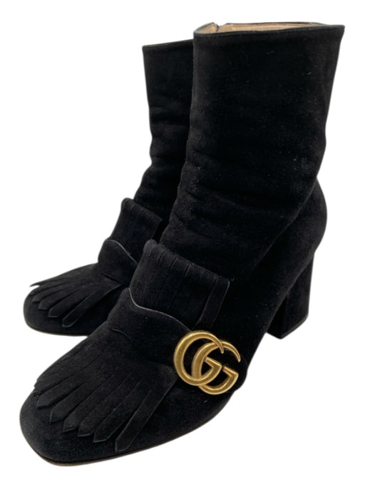 Gucci Shoe Size 39.5 Black & Gold Suede Square Toe Logo Fringe Detail Booties Black & Gold / 39.5