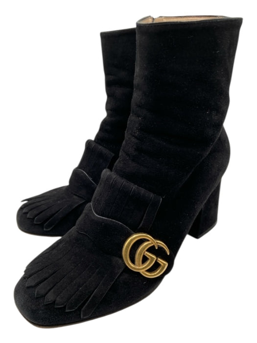 Gucci Shoe Size 39.5 Black & Gold Suede Square Toe Logo Fringe Detail Booties Black & Gold / 39.5