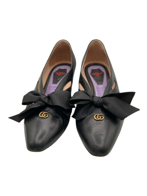 Gucci Shoe Size 39.5 Black Leather Pointed Square Toe Logo Ribbon Bow Pumps Black / 39.5