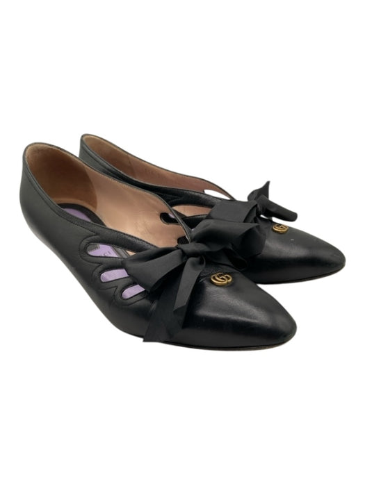 Gucci Shoe Size 39.5 Black Leather Pointed Square Toe Logo Ribbon Bow Pumps Black / 39.5