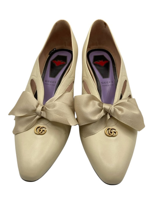 Gucci Shoe Size 39.5 Cream & Gold Leather Pointed Square Toe Logo Cutout Pumps Cream & Gold / 39.5