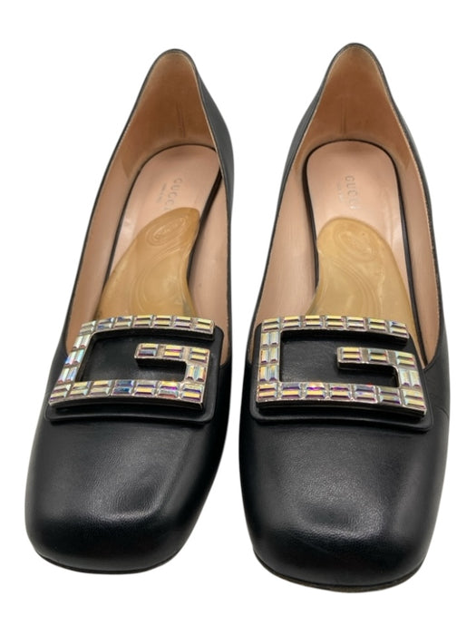 Gucci Shoe Size 40 Black Grosgrain Leather trim Square Toe Crystal Logo Pumps Black / 40