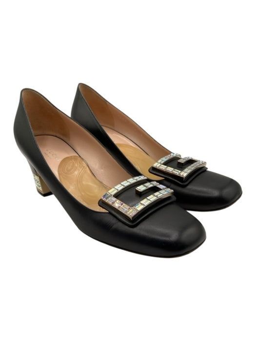 Gucci Shoe Size 40 Black Grosgrain Leather trim Square Toe Crystal Logo Pumps Black / 40