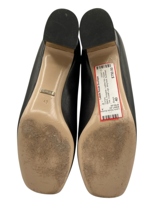 Gucci Shoe Size 40 Black Grosgrain Leather trim Square Toe Crystal Logo Pumps Black / 40
