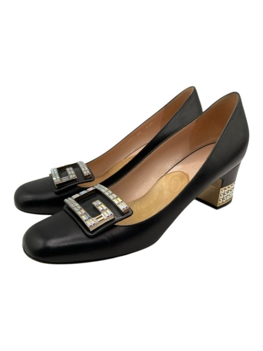 Gucci Shoe Size 40 Black Grosgrain Leather trim Square Toe Crystal Logo Pumps Black / 40