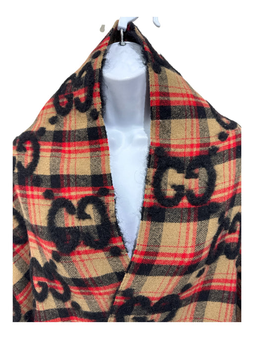 Gucci Black, Tan & Red Wool Blend Plaid Guccissima Fringe Detail Shawl scarf Black, Tan & Red / Large