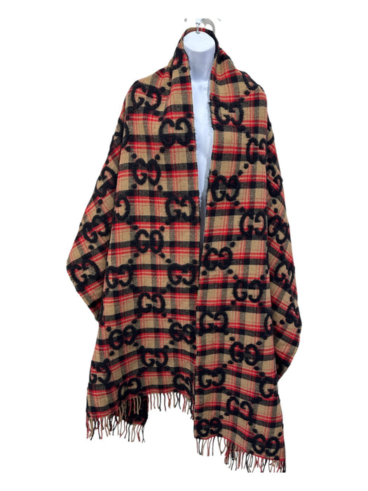 Gucci Black, Tan & Red Wool Blend Plaid Guccissima Fringe Detail Shawl scarf Black, Tan & Red / Large
