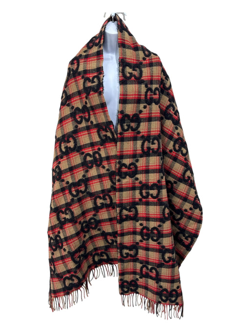 Gucci Black, Tan & Red Wool Blend Plaid Guccissima Fringe Detail Shawl scarf Black, Tan & Red / Large