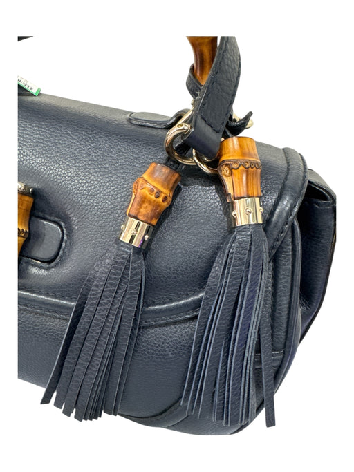 Gucci Navy Pebble Leather Bamboo Accent Removeable Shoulder Strap Satchel Bag Navy / Medium