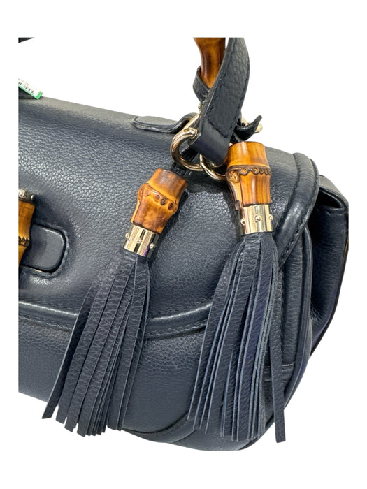 Gucci Navy Pebble Leather Bamboo Accent Removeable Shoulder Strap Satchel Bag Navy / Medium