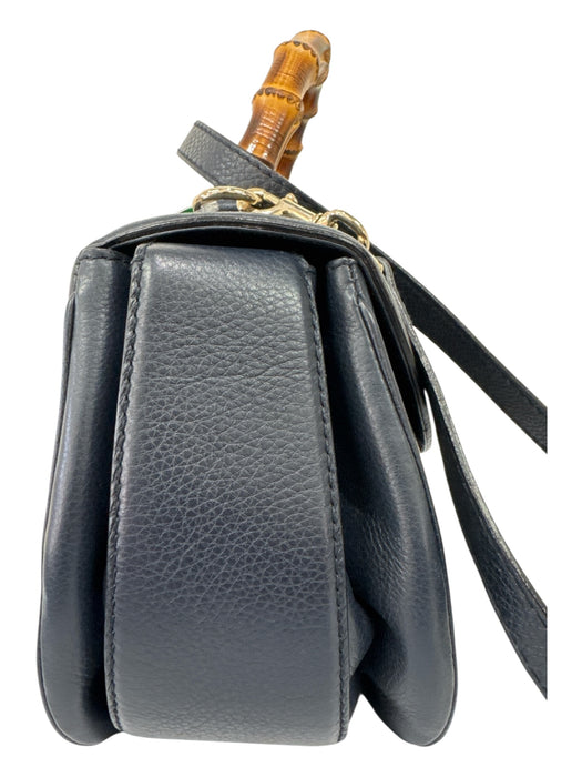 Gucci Navy Pebble Leather Bamboo Accent Removeable Shoulder Strap Satchel Bag Navy / Medium