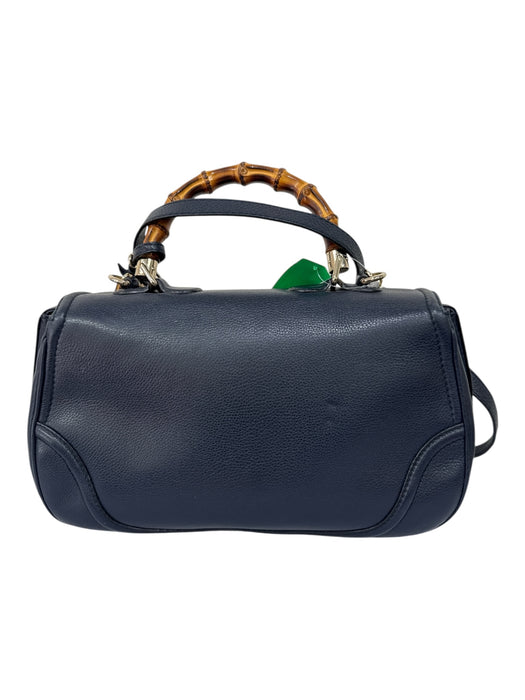 Gucci Navy Pebble Leather Bamboo Accent Removeable Shoulder Strap Satchel Bag Navy / Medium